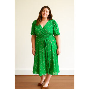 DKNY Womens Faux Wrap Midi Dress Size 16 Green Floral Cottage Feminine Garden